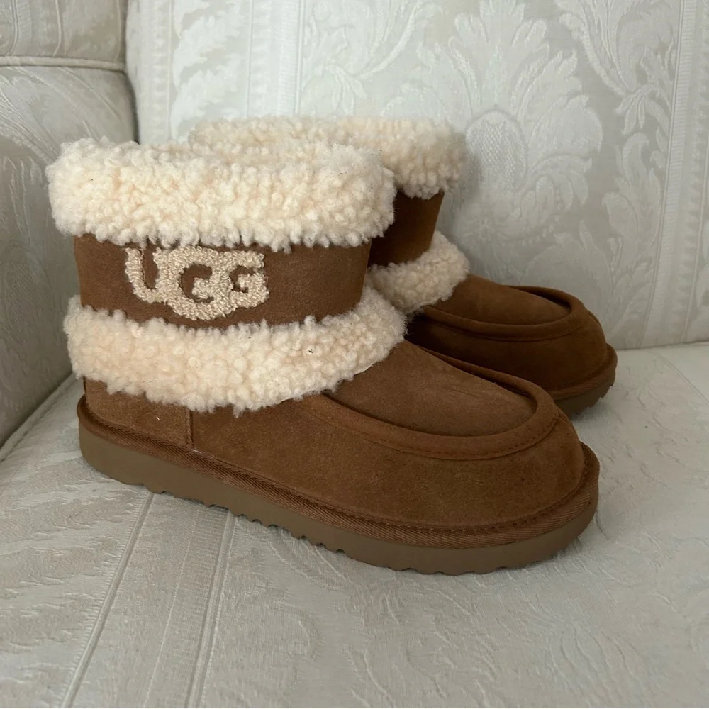Kids UGG Ultra Mini Fluff GS Chestnut Brown Nude Khaki 1143701K Snow Rain Boots
